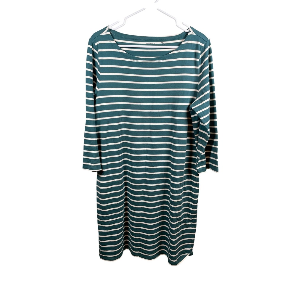 Garnet Hill Tunic Dress Womens 14 Green White Striped 3/4 Sleeve Pockets Casual